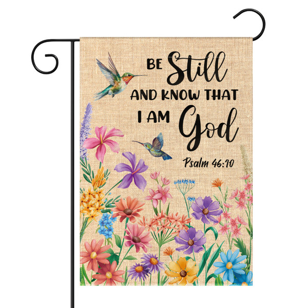 WATINC Christian Hummingbird Flower Garden Flag - 12 x 18 Inch Linen Religious Be Still and Know That I am God Yard Flag for Outside, Spring Summer Double Sided House Outdoor Decor for Porch Lawn