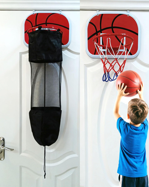 BANNAFY 2-in-1 Boys Room Decor Basketball Hamper Over the Door Laundry Basket with Hoop and Ball for Kids Room, Dorm, Bedroom, Bathroom Gifts for Boys - Red Plastic Stainless Steel