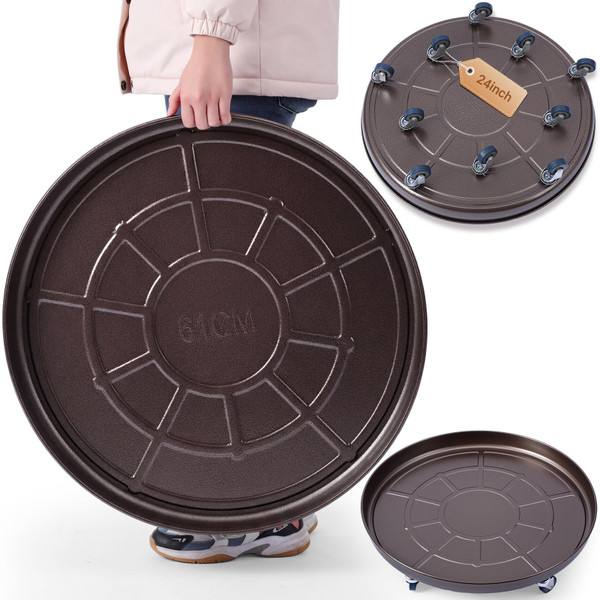 Briwooody 1 Pcs 24 Inch Large Round Plant Saucer with Lockable Wheels Flower Plant Trays Heavy Duty Round Water Catcher Easy to Move for Pots Indoors Outdoor Garden (Copper Gold)