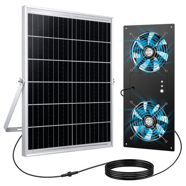 Solar Fan for Chicken Coop with 24/7 Operation & 2 Timers, Dual Fan