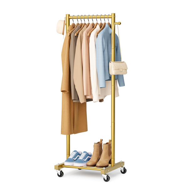 SLEEPING LAMB Small Clothes Racks for Hanging Clothes, Rolling Clothing Rack with Shelves, 60" Metal Garment Rack with Wheels Portable Wardrobe Rack for Small Space, Gold