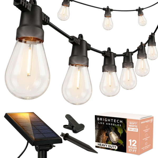 Brightech Ambience Pro Solar Powered Outdoor String Lights -27 ft Commercial Grade Waterproof Edison Patio Lights, Shatterproof LED String Lights for Outside, Porch - 12 Bulbs, 1W Soft White