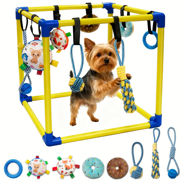 Bhyhok Puppy Play Gym with 8 Hanging Toys, Indoor Activity Gym for Small Dog with Enrichment Interactive Toy Adjustable PVC Frame Training Activity Center Puppies Entertainment, Teething (Yellow)