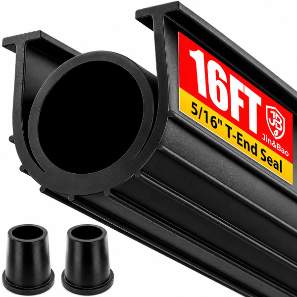 Jin&Bao Garage Door Bottom Rubber Seal 5/16" T-End 16FT & 2 End Plugs Black