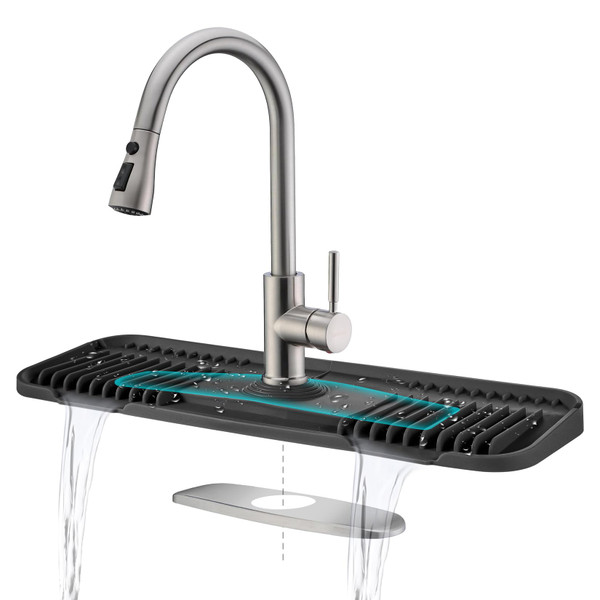 Kingmall 2nd Generation Silicone Faucet Mat, Kitchen Faucet Drip Catcher with Cuttable Circular Center for Kitchen Sink, Tailor-Made for Faucets with Deck Plate, 100% Food Grade Silicone, Black