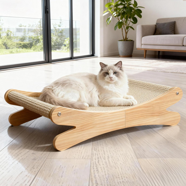 Chngeary Natural Sisal Cat Scratcher Bed with Hammock – Solid Wood Furniture Style, Extra Large Cat Lounger & Scratch Pad for Indoor Cats, Protects Furniture