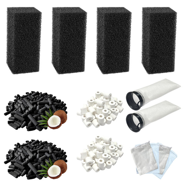 beaufan 14-Pack Set Aquarium Filter Media Compatible with Waterbox AIO 10 Cube and AIO 15 Peninsula Aquarium Filter, Includes Filter Socks, Carbon Pellets, Ceramic Rings, Sponge Filters and Mesh Bags