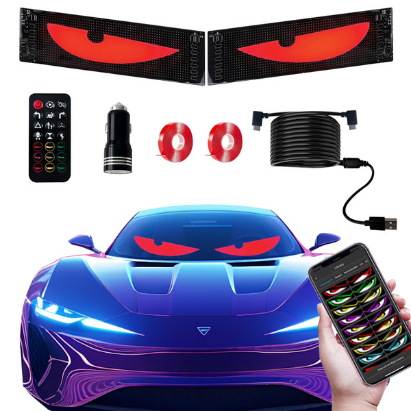 2Pcs Sync Devil Led Eyes for Car Windshield, 23.4"X 4.7" Ojos Led para Carro Lights for Truck, Programmable Full Color Animated Matrix Panel, Electra Eyes, Smart App & Remote Control