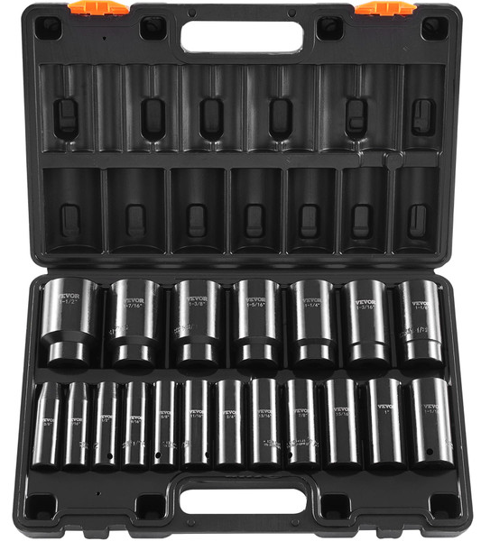 VEVOR Impact Socket Set 1/2 Inches 19 Piece, Deep Socket, 6-Point Sockets, Rugged Construction, Cr-V, 1/2 Inches Drive Socket Set Impact 3/8 inch - 1-1/2 inch, with a Storage Cage