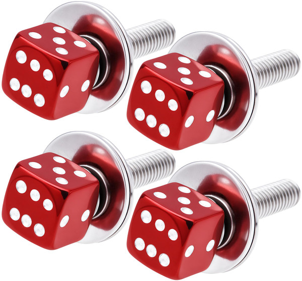 MEAJOO 4Pcs Red Dice License Plate Frame Screws - Universal Fastener Kit for Car, Van, Pickup Truck, Motorcycle, Easy Install Stainless Steel Bolts with Aluminum Alloy Decorative Caps