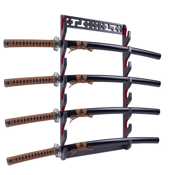 WodGod 8 Tier Sword Stand, Wooden Sword Holder Wall Mount,Premium Wooden Katana Holder, Red Velvet Padded Katana Stand