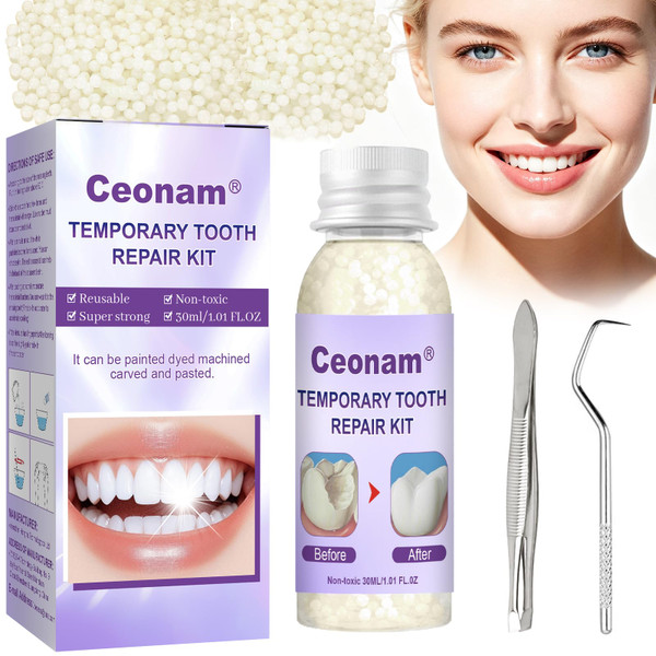 1.0oz / 30ml Moldable Tooth Repair Kit with Stainless Steel Tweezer and Dental Pick, Temporary Teeth Replacement Beads in Natural Color for Broken or Missing Teeth, Denture Repair, and DIY Oral Care