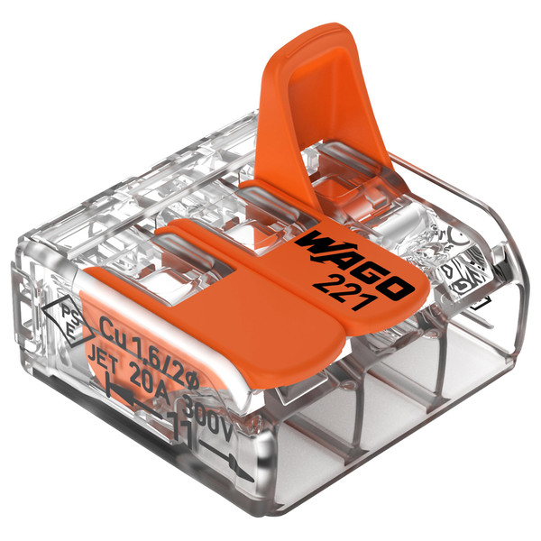 221-413 | WAGO Lever-Nuts® Splicing Connector | for Solid and Stranded Conductors | 3-Conductor with Operating levers | 24-12 AWG | Transparent housing | [Box of 50 Pieces]