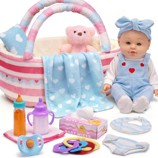 12'' Baby Doll Set with Soft Padded Carrier Bassinet & 15 Pcs Accessories