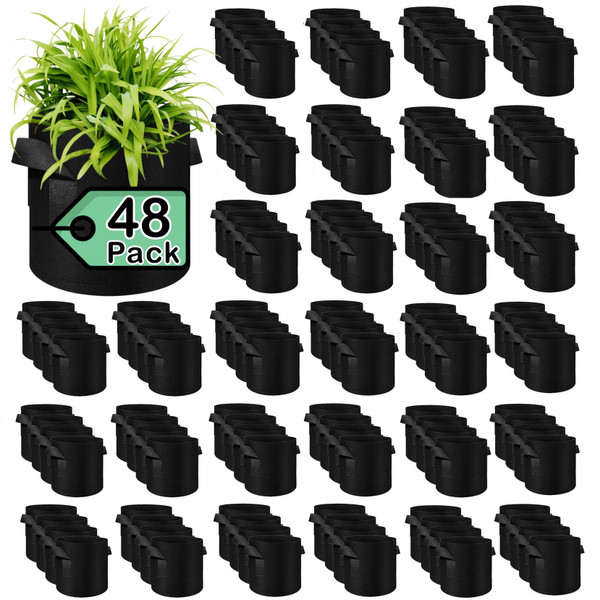 WHATWEARS 48 Pack 5 Gallon Plant Grow Bags, Thickened Nonwoven Fabric Pots with Handles, Vegetable Planter Bags Containers, Cloth Planters for Garden Vegetable/Flower/Plant/Fruits Outdoor (Black)