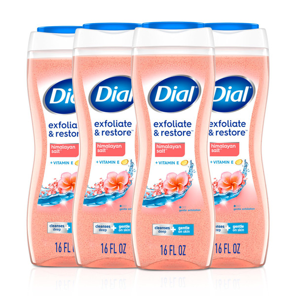 Dial Body Wash, Hydraclean Complex & Vitamin E, Gentle, Leaves Skin Feeling Nourished, Dermatologist-Tested, No Parabens & Sulfates, Exfoliate & Restore, Himalayan Salt, 16 Fl Oz (Pack of 4)