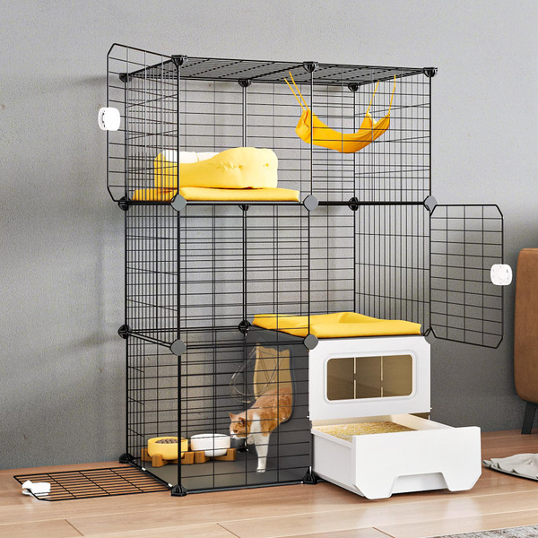 Oneluck Cat Cage Indoor with Litter Box 3-Tier DIY Cat Playpen Detachable Metal Wire Kennel Crate Large Exercise Place Ideal for 1-2 Kitten