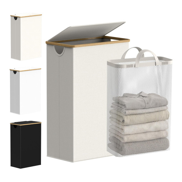 efluky Slim Laundry Hamper with Lid and Removable Bag, 75L Beige