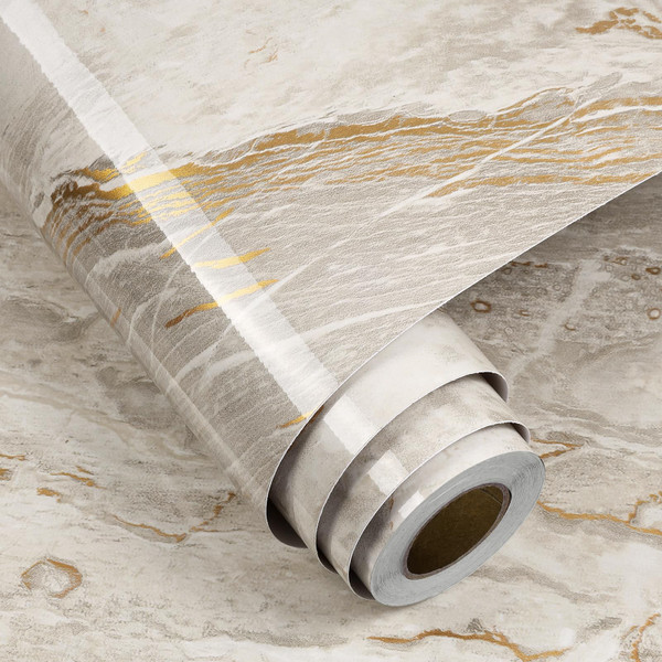 FunStick 36"x200" Thick Gold Beige Marble Contact Paper Peel and Stick Countertops for Kitchen Cabinet Wallpaper Waterproof Removable Marble Wall Paper Vinyl Wrap for Bathroom Counter Tops Table Desk