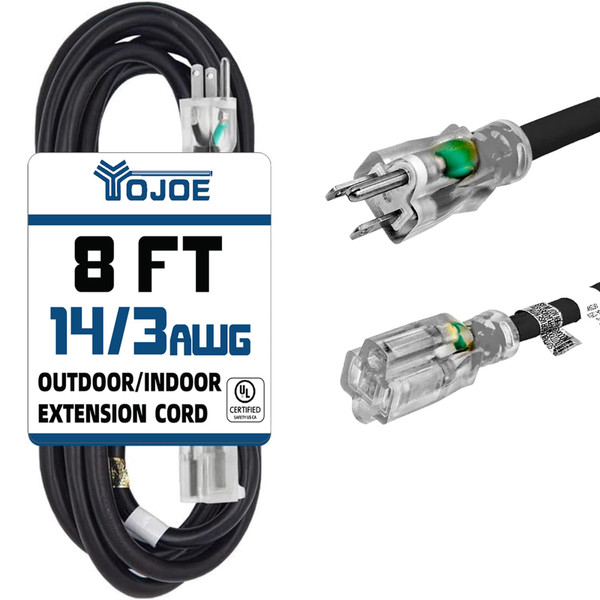 YOJOE Indoor Outdoor Extension Cord with Lighted End, 3 Prong 15A Weatherproof Power Cord, 14 Gauge Heavy Duty 8 ft Black Extension Cord for Garage, Garden and Home, 14/3 SJTW UL Certified