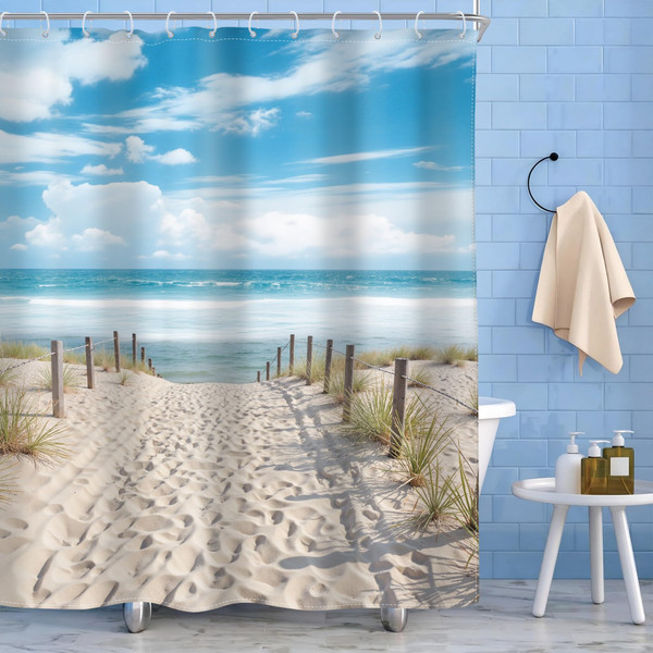Beach Coastal Ocean Shower Curtain Set Seaside Seashore Sea Bathroom Decor