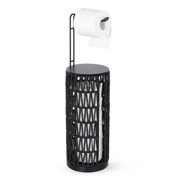 Black Freestanding Toilet Paper Holder with Storage,3 Rolls of Tissue Holder for Bathroom,Handmade Woven Toilet Paper Roll Holder Stand,Rattan Sturdy Boho Bathroom