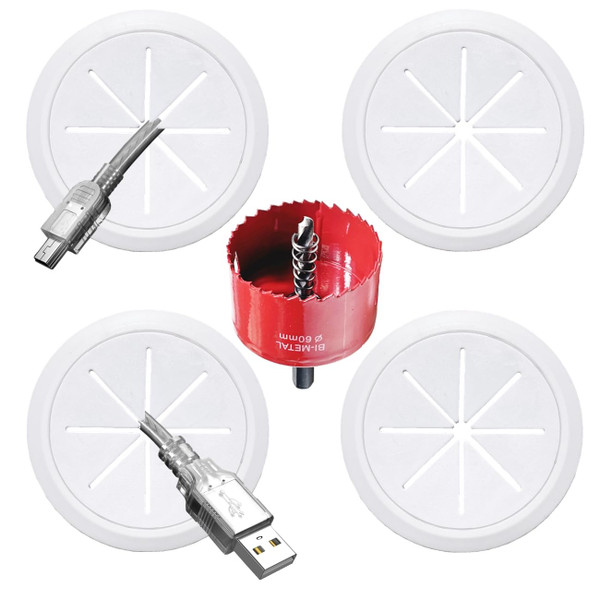 4 Pack TV Cord Hider for Wall Mounted TV, 2-3/8"(60mm Hole) Wire Hider in Wall Cable Management Kit, Includes 4 Pass Throughs and 1 Hole Saw Drill Attachment Easy to Install