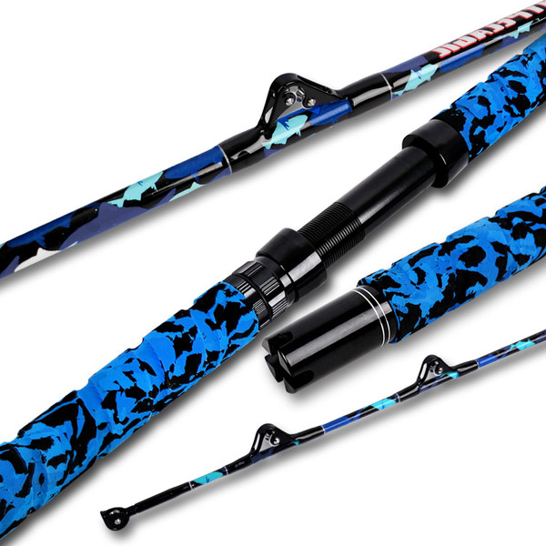 Fiblink Saltwater Fishing Rod 2Piece Offshore Trolling Rod Big Game Deep Sea Rod Conventional Boat Blue Camouflage Fishing Pole(5'6"30-50lbs)
