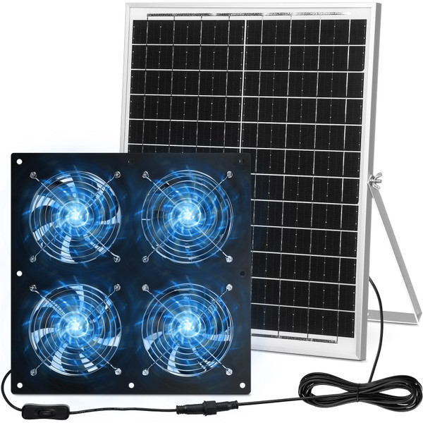 Solar Powered Fan 11.8" Greenhouse Exhaust Fan Solar 4 Fan Kit 25W Solar Panel Powered Exhaust Fan with Aluminum Bracket for Attic, Shed, Barn, Dog House, DIY Cooling Ventilation Project(2 Set)