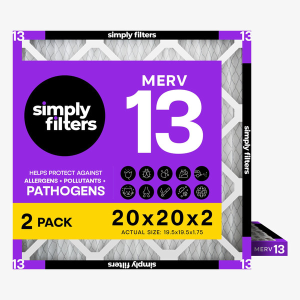 Simply 20x20x2 Air Filter, MERV 13, 2 Pack, Furnace Air Filter for HVAC (Actual Size: 19.5"x19.5"x0.75") DUST, Pet & Allergy Control