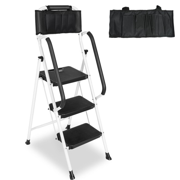 3 Step Ladder with Handrails & Attachable Tool Bag, 500 lbs Folding Step Stool Ladder, Wide Non-Slip Pedal for Kitchen Pantry Home Office, White