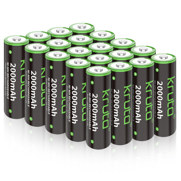 Kruta NiMH Rechargeable AA Batteries, 2000mAh 1.2V NiMH High Capacity Double AA Solar Rechargeable AA Batteries for Outdoor Solar Lights - Recharge up to 1200 Times, Pre-Charged (AA 2000mAh - Pack 20)