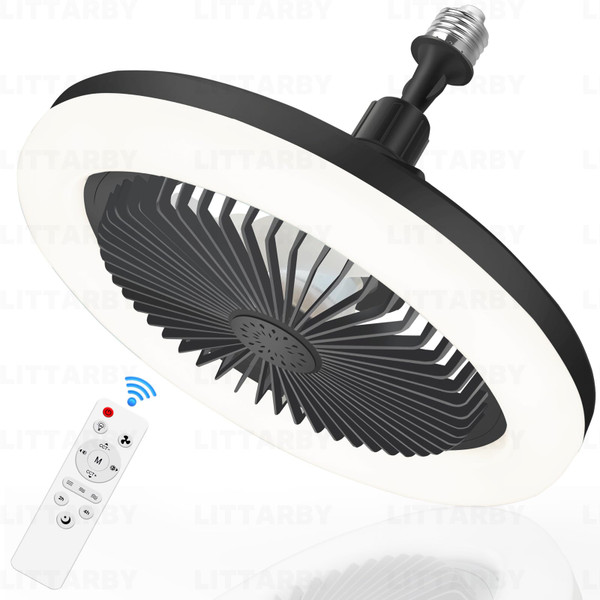 Socket Fan Light with Remote Control, 3 Colors 3000K-6500K Dimmable LED Light Bulb Fan Screw in Ceiling Fan for Bedroom, Kitchen, Storage Room, Closet, Wireless Small Ceiling Fans with Lights - Black