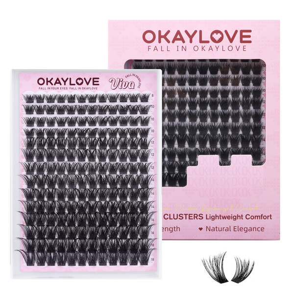 OKAYLOVE Fluffy Lash Clusters, VIVA 8-18mm Wispy Eyelash Clusters, 168pcs Volume Cluster Eyelashes Extensions Black Band Individual Eye Lash Clusters