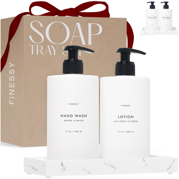 Modern Luxe White Kitchen Soap Dispenser Set with Tray, Plastic Lotion Dishwashing Liquid Detergent Hand and Dish Soap Dispenser Set, Dual Refillable Pump Bottles for Kitchen and Bathroom Countertop
