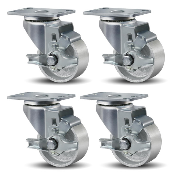 CWfutureparts 3" Caster Wheels Heavy Duty 1400 lbs，Swivel Casters Set of 4, Industrial Plate Casters, Semi Steel Cast Iron Wheels for Furniture,Workbench (4 Brakes)