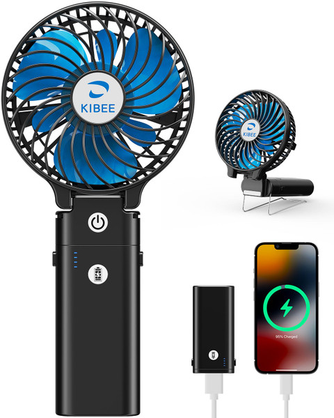 KIBEE Portable Handheld Fan, 5200mAh Rechargeable Fan with Power Bank, Up to 20H Runtime, 180° Foldable Mini Fan, 3-Speed Strong Airflow Personal Fan for Travel, Concert, Cruise, Camping