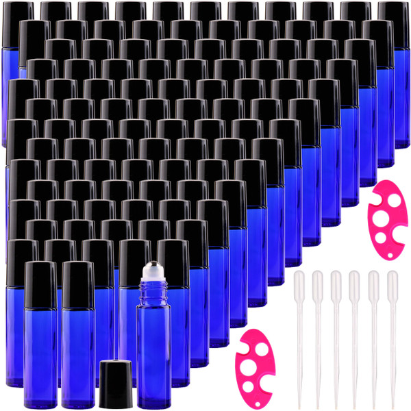 inice 100 Pack,10ml Roller Bottles for Essential Oils Cobalt Blue Thick Glass Stainless Steel Roll On Ball Bottles