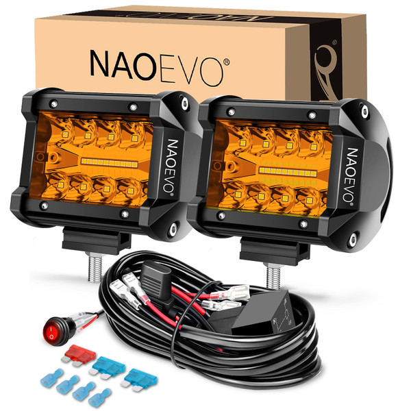 NAOEVO 4 Inch LED Pod Lights, Amber Fog Lights with 2-Lead Wiring Harness