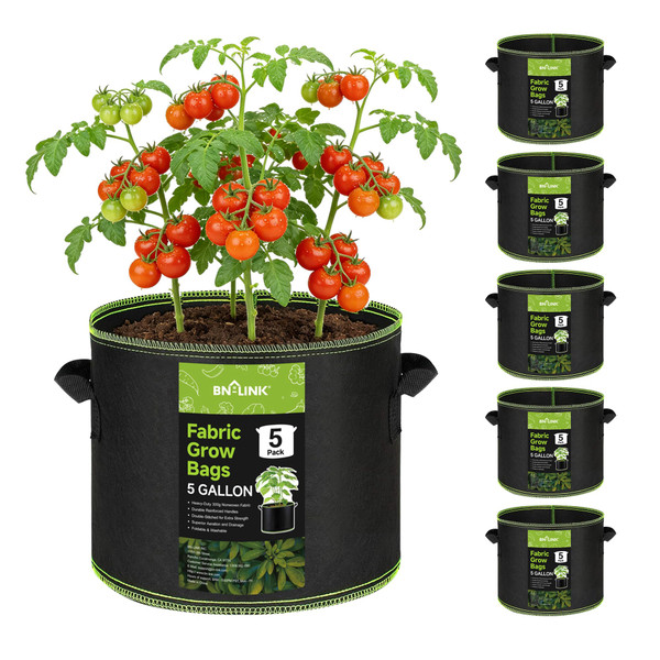 BN-LINK 5-Pack 5 Gallon Grow Bags, Heavy Duty Aeration Fabric Pots with Handles, Thickened Nonwoven Plant Bags for Vegetables, Flowers, Fruits