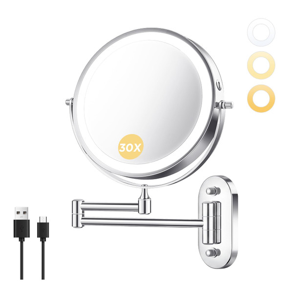 tubbede Wall Mounted Makeup Mirror, 8 Inch, 1X/30X, Rechargeable 4000mAh