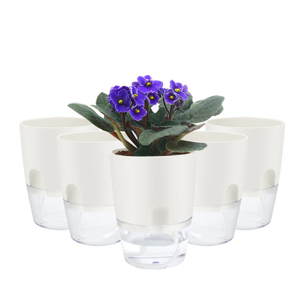 ShineMe Self Watering Pots, 5 Pack Self Watering Planters for Indoor Plants, 4.1 inch Plastic Plant and Flower Pots for African Violets, Herbs, Aloe, Peace Lily with Absorbent Cotton Rope