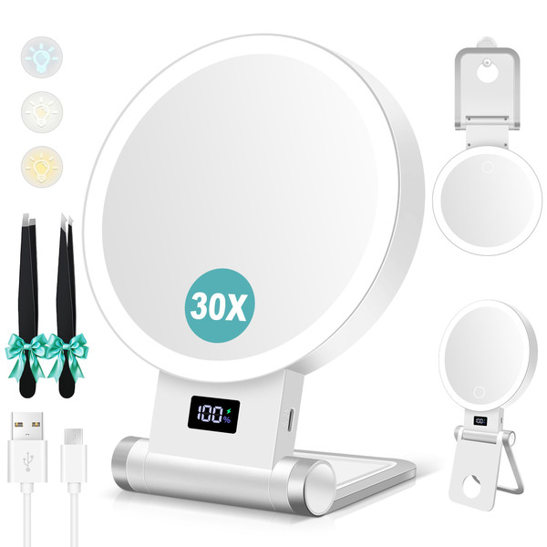 B Beauty Planet Magnifying Mirror with Light 30X, 2000mAh 1X/ 30X Magnifying Makeup Mirror with Standable Base & Tweezers, 3 Color Modes with Adjustable Brightness& Smart Display, Foldable for Travel