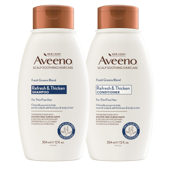 Aveeno Fresh Greens Shampoo and Conditioner Set, Sulfate Free, Clarifying & Volumizing for Thin or Fine Hair, Rosemary Peppermint Cucumber Nourish & Thicken, Color Safe Paraben Free, 12 Fl Oz, 2 Count
