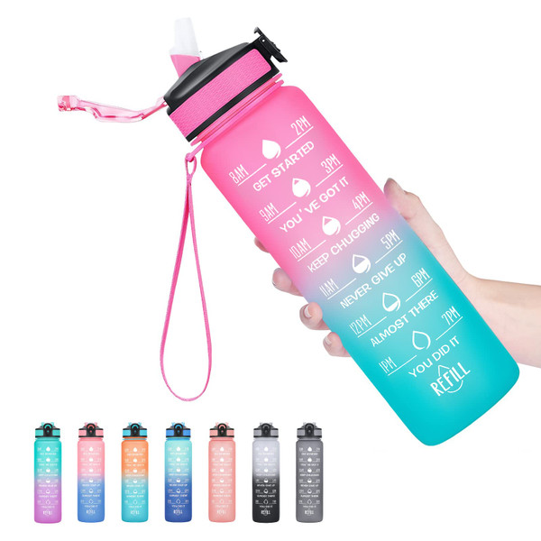 Hyeta Water Bottle with Straw & Time Marker, Plastic 32oz Leakproof