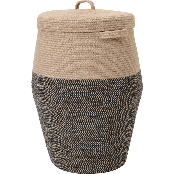 26"x20" Cottonphant Extra Large Tall Woven Blanket Basket with Lid, Round Cotton Rope Laundry Basket, Freestanding Storage Bin for Bedroom Living Room, Jute & Black Mix