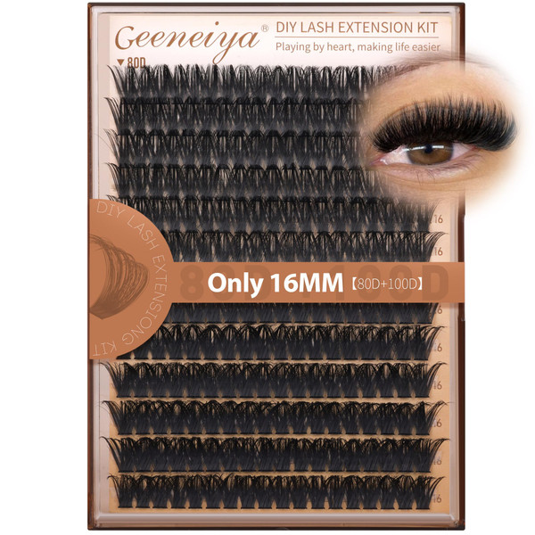 Geeneiya 16MM Volume Lash Clusters Full Eyelash Clusters D Curl Cluster Eyelash Extensions Thick Lashes Clusters Only 16MM 80D+100D DIY Lash Extension Waterproof for Beginners