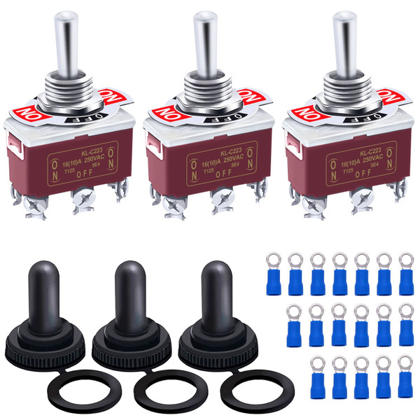 Twidec/3Pcs Waterproof Heavy Duty Toggle Switch 12V DC 30A DPDT 3 Position 6 Pin ON-Off-ON Switch with Weatherproof Boot Cap Cover for Car Boat with Terminal KL-C203-MZ