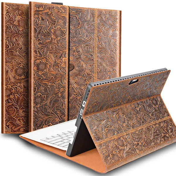 Gexmil Case for Surface 13 Inch,PRO8 2021 Genuine Leather Cover with Built-in Pencil Holder,Cowhide Folio Cover, Anti Fingerprint Anti Slip,Flower Brown
