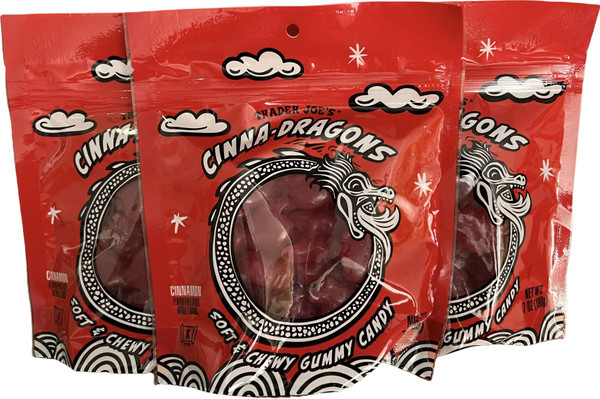 Trader Joe's Cinna-Dragons Cinnamon Flavored Hot Spicy Soft & Chewy Gummy Candy (Pack of 3)